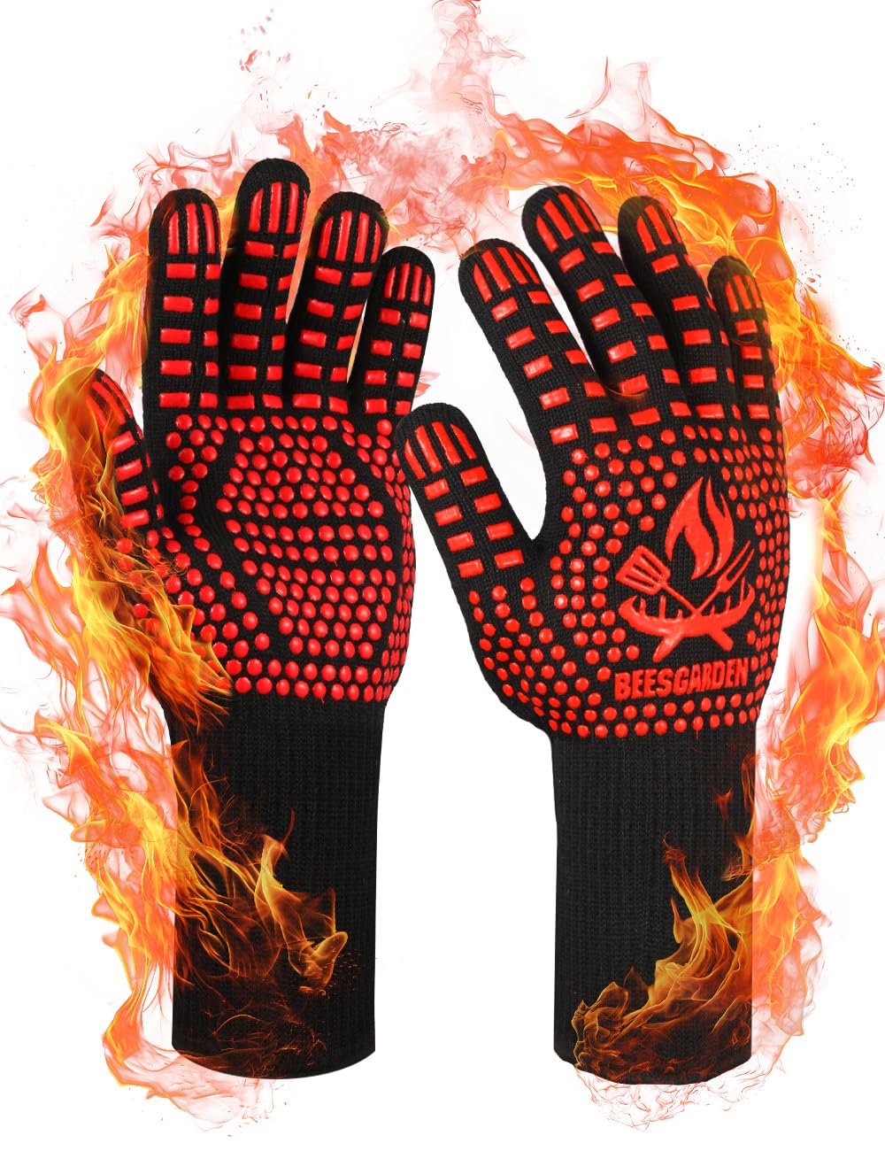 Beesgarden Grillhandschuhe Hitzebeständig bis 800°C Extrem Hitzebeständige, Feuerfest Ofenhandschuhe Topfhandschuhe BBQ Kochhandschuhe Backhandschuhe, Ideale für Ofen, BBQ, Kochen, Rot (S/M)