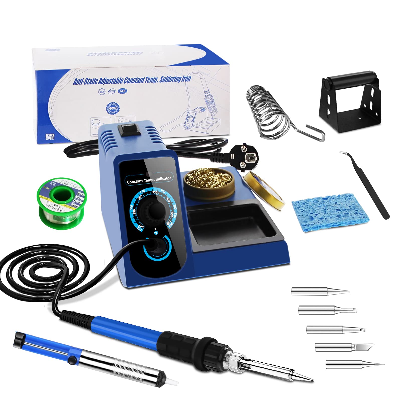 Stazioni di saldatura Stazione Saldatura 60W Professionale Saldatore Elettrico con Temperatura Regalabile 200°C-480°C Termostatica Intelligente con 5 Punte Sostituibili e Filo di saldatura