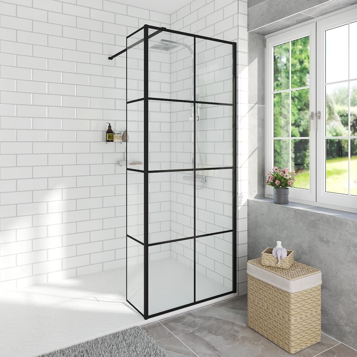 Aquariss 900mm Walk in Black Grid Shower Screen with 215mm Flipper Panel