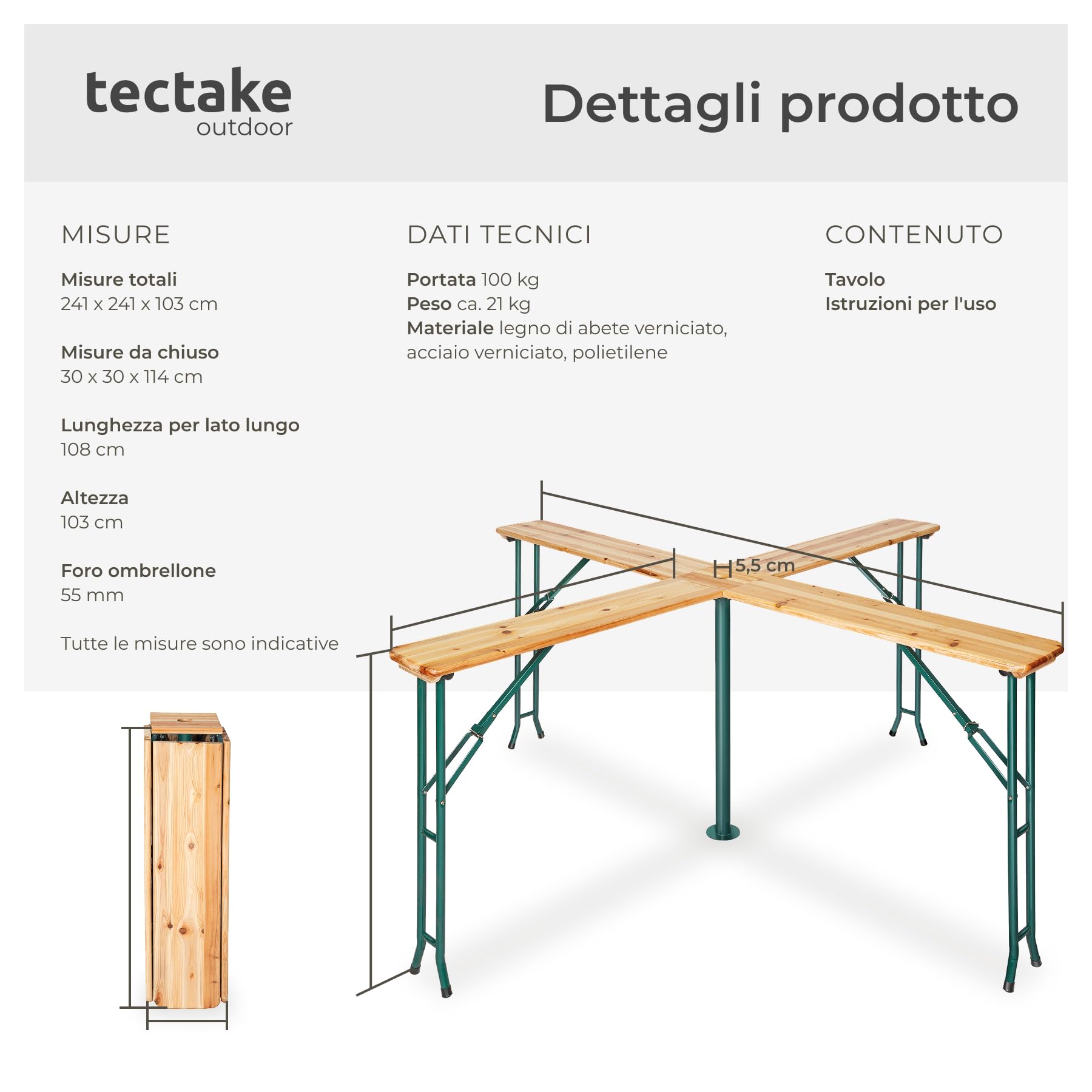 tectake® Set da Birreria con 4 Piani, Tavolo Pieghevole da Esterno, Ideale per Bar, Giardino, Balcone, Resistente alle Intemperie, Supporto per Ombrellone Incluso - 241 x 241 x 103 cm