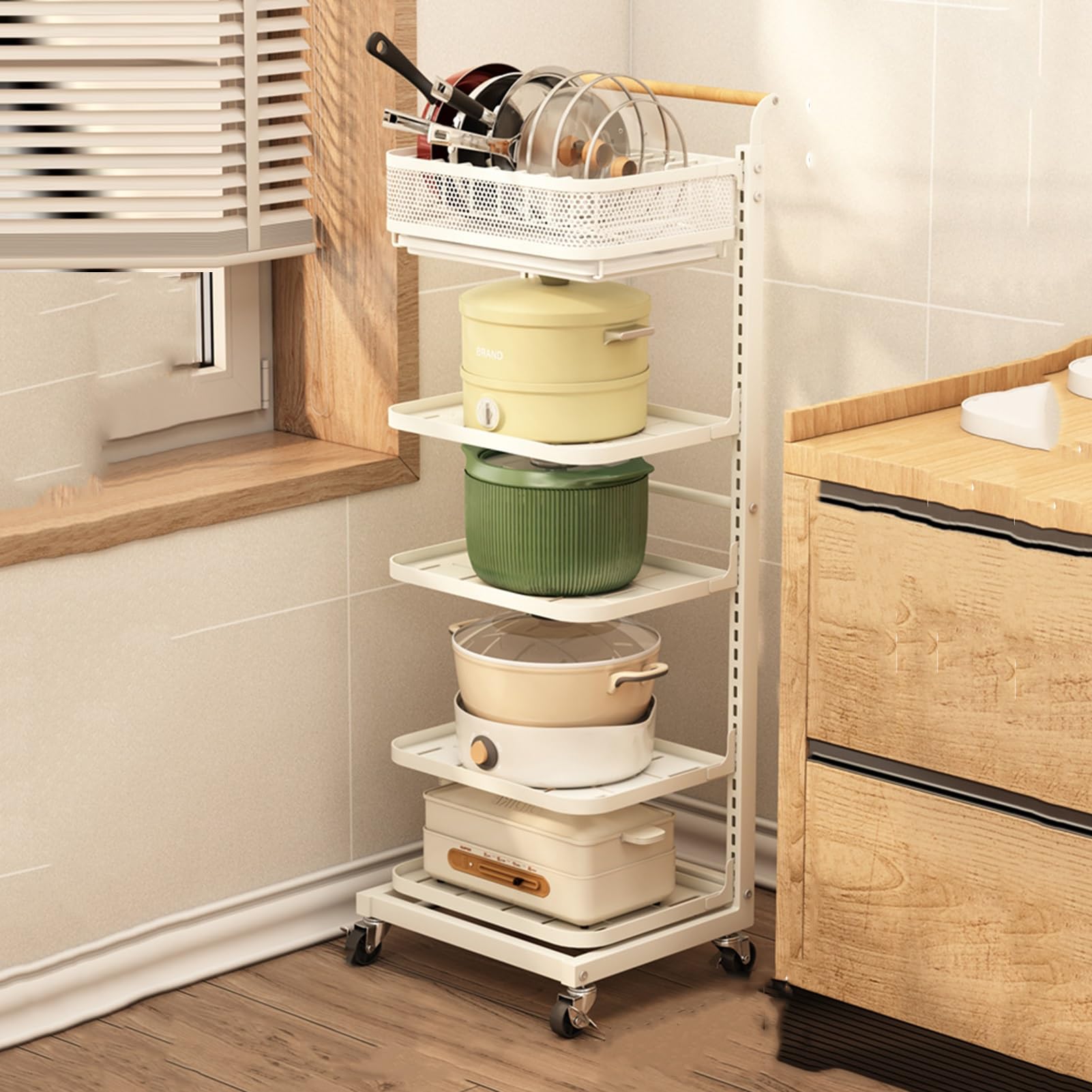 Estante ajustable para ollas con ruedas y mango de madera, cocina multicapa para ollas, sartenes, frutas y verduras, elegante solución de almacenamiento de 5 capas