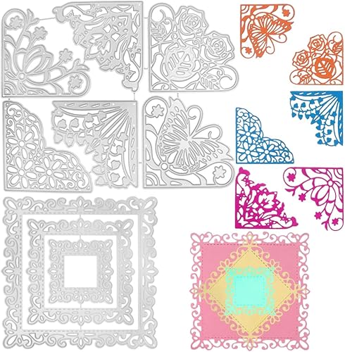 Miniatura 1 de 3 troqueles de corte de marco cuadrado de esqueleto, 9 piezas de troqueles de encaje de esquina de metal, flores, mariposas, plantilla en relieve