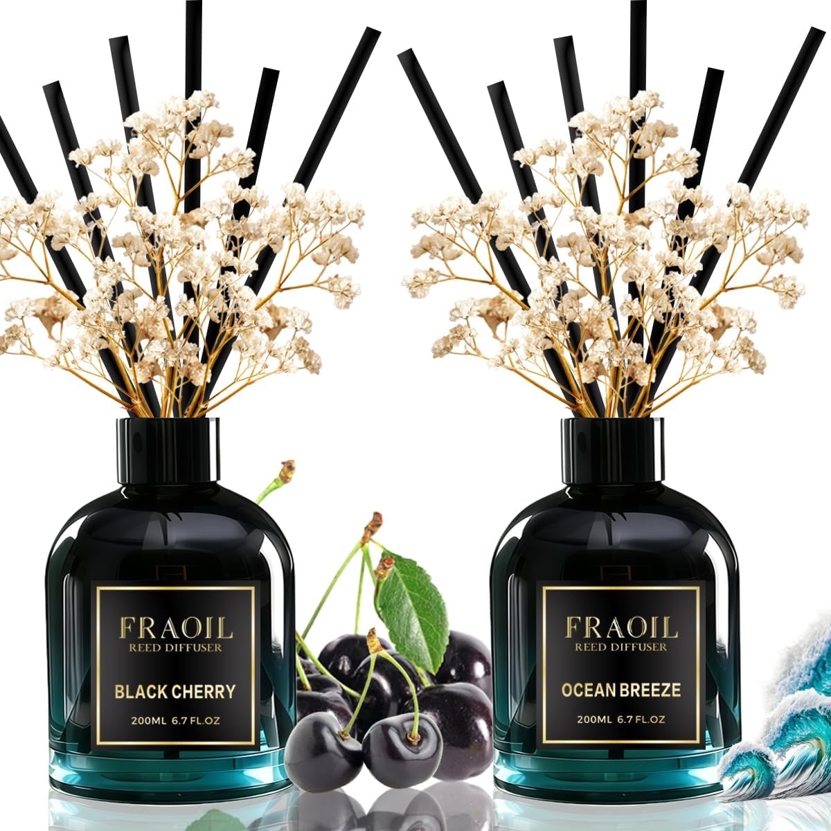 Black Cherry and Ocean Breeze Reed Diffuser Set 6.7 fl oz (200 ml) with 6 Reed Sticks, Home Fragrance Reed Diffuser for Bathroom Shelf House Bedroom Office Decor
