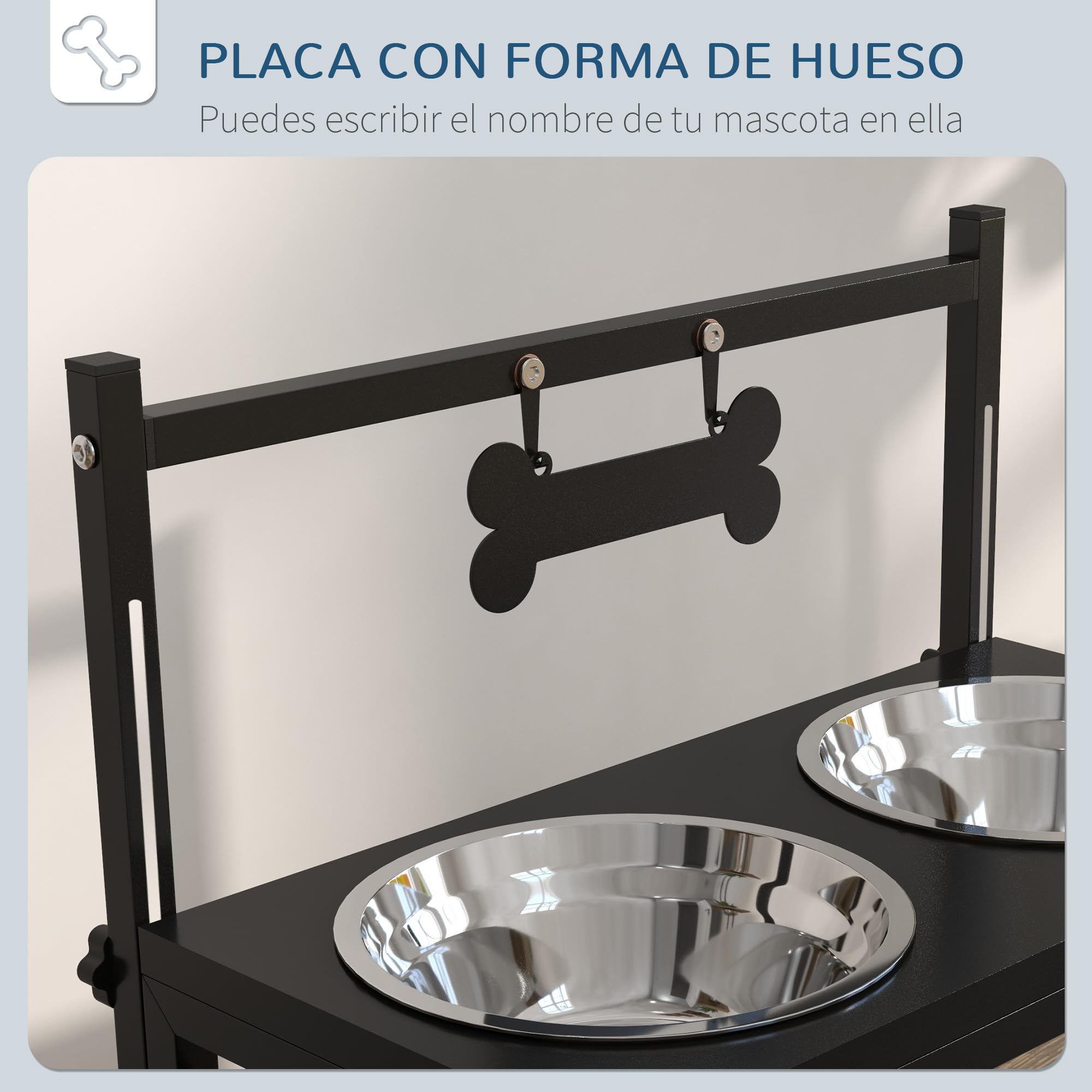 PawHut Comedero Elevado para Perros Cuenco para Perros con 2 Tazones de Acero Inoxidable Altura Ajustable y 1 Placa de Metal en Forma de Hueso 40,5x22x39 cm Negro