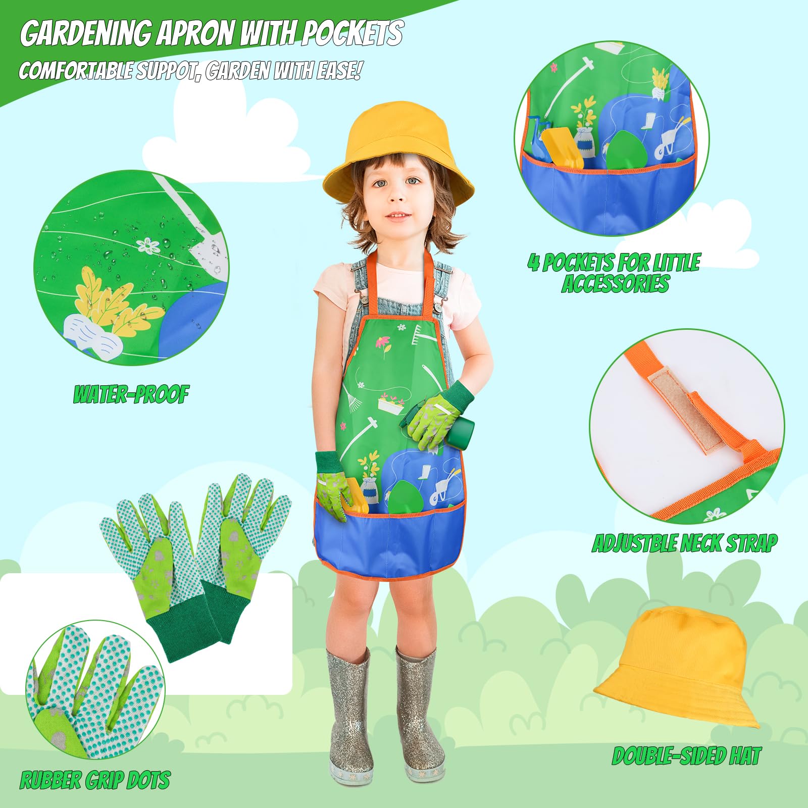 Magic4U Kids Gardening Tools Set, 22 Pcs Metal Garden Tools Toys with Apron, Gloves, Wood Handle Shovel, Rake, Hoe and Leaf Rake, Outdoor Digging Toys Gifts for Kids Age 3+ - Image 3