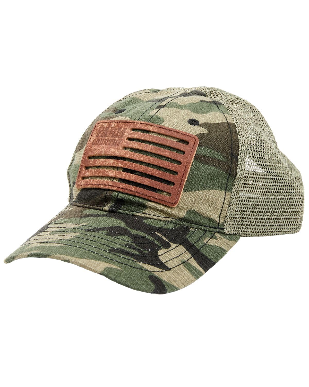 John Deere Men's 6-Panel Traditional Camo Leather Farm Country Flag Patch Mesh Back Hat, Camo, One Size