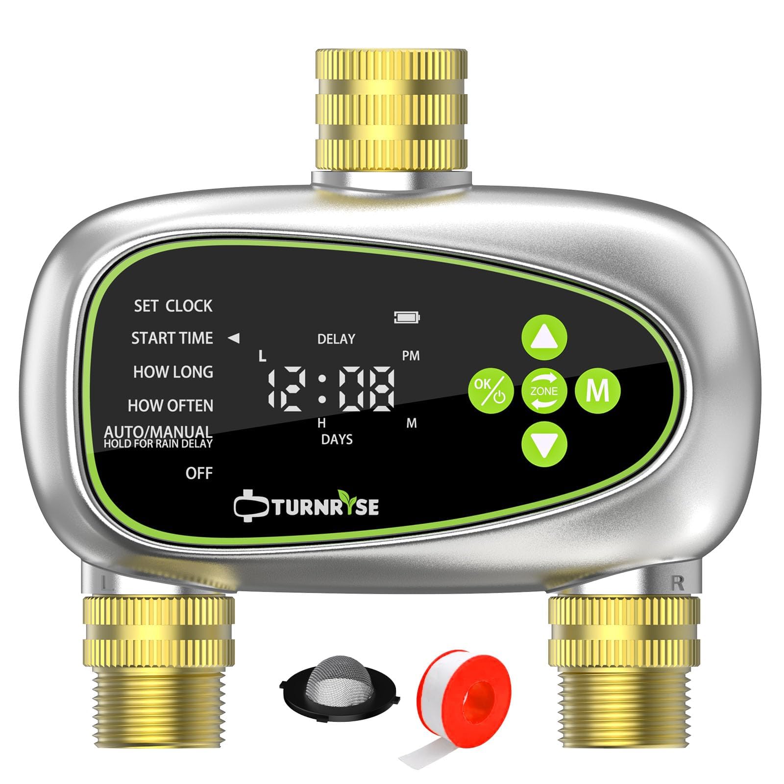 Centralina di Irrigazione 2 Vie Timer Irrigazione con Ingresso e Uscita in Ottone Ritardo della Pioggia e Irrigazione Automatica Manuale con Programmi per Prati e Giardini