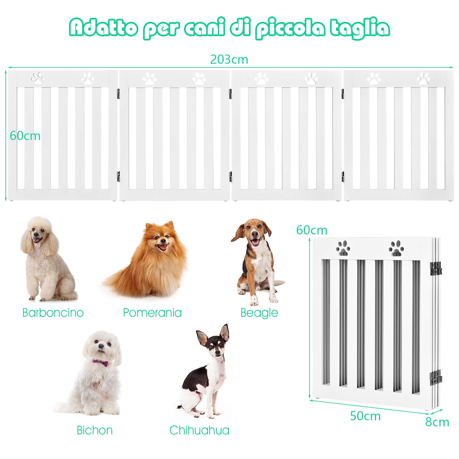 COSTWAY Cancelletto di Sicurezza Pieghevole, Barriera per Animali Domestici, in Legno, 4 Pannelli, 203 x 60 x 1,5 cm (Bianco)