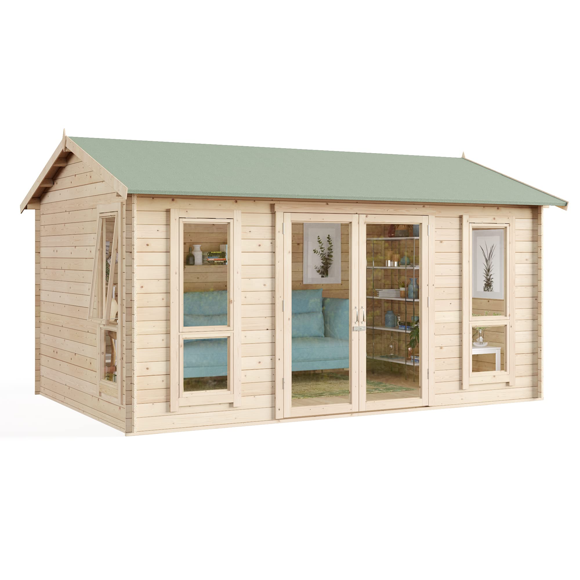 BillyOh Darcy 14x10 Log Cabin Summer House Shed with 19mm Wall Logs Thickness, Modern Apex Roof, Wood & Shatterproof Windows – Garden Room, Gym, Outdoor Office, Studio, or Garden House