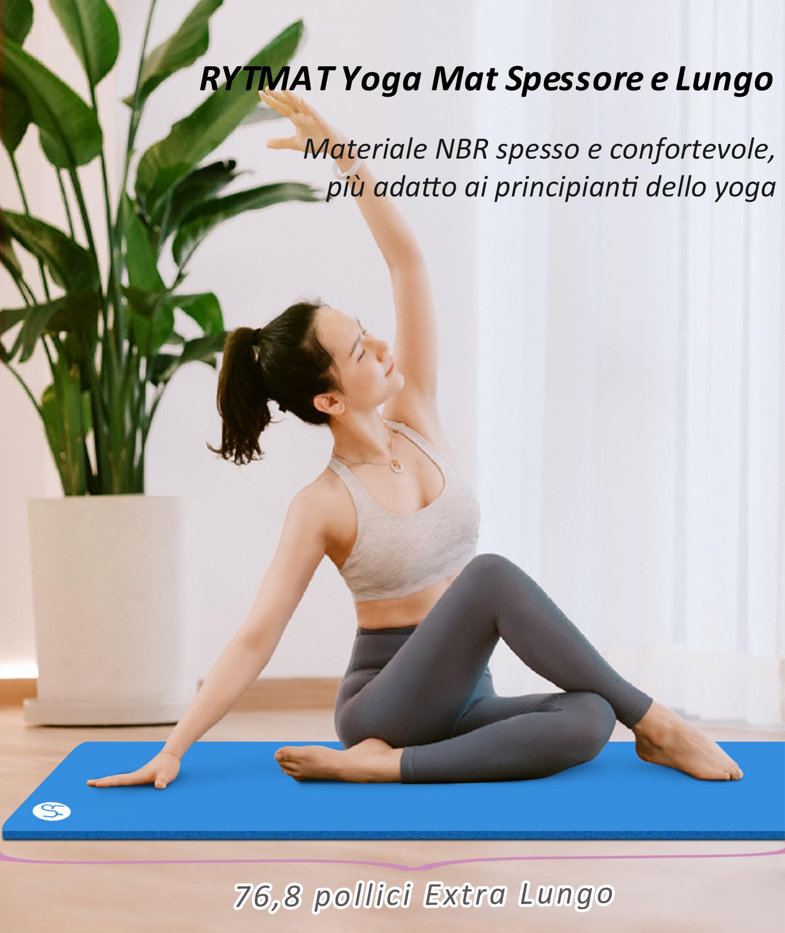 Tappetino da Yoga Antiscivolo NBR 183×61cm 15mm Spesso Tappetino Ginnastica con Cinghia di Rilegatura e Borsa a Rete