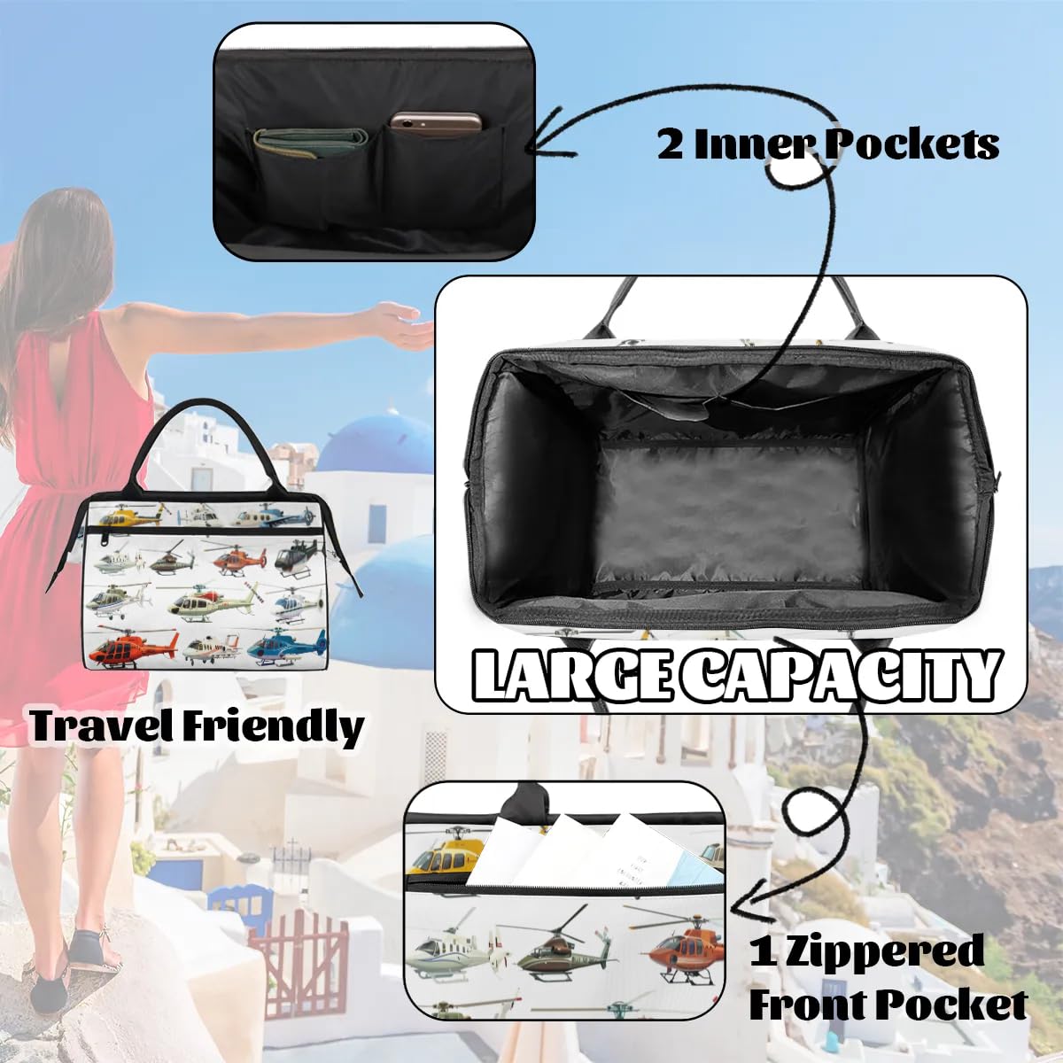 Reisetasche mit Flugzeug-Hubschrauber, für Damen, Herren, Kinder, Jungen, Mädchen, Wochenende, Übernachtung, 24 l, für Sport, Fitnessstudio, Yoga, farbe, Big, Taschen-Organizer