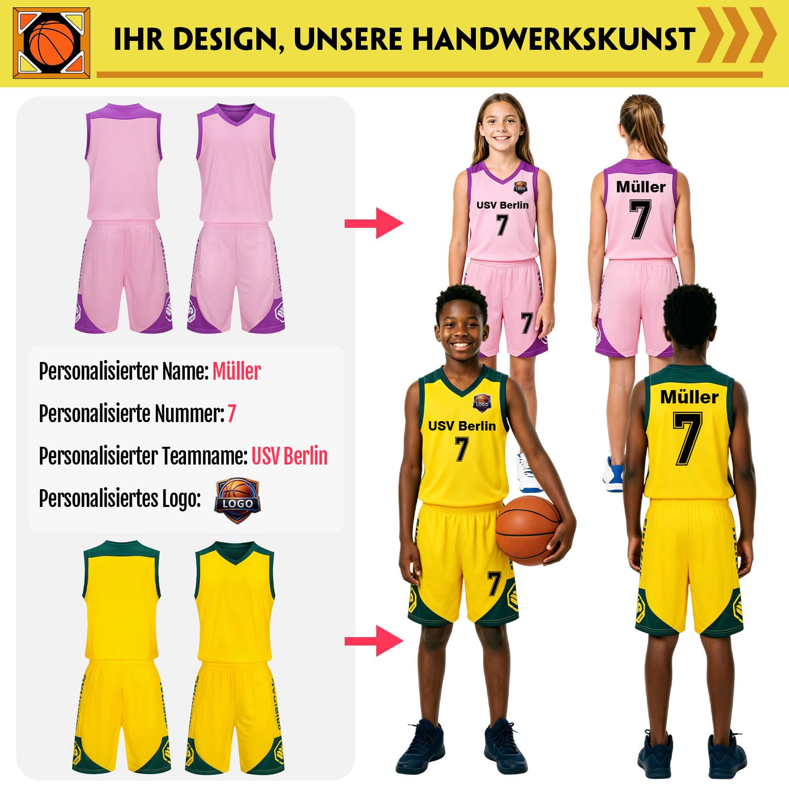 Benutzerdefiniert Basketball Trikot Kinder Herren Set mit Namen Nummer Team Logo 2-Piece Basketball Jersey Shirt & Short