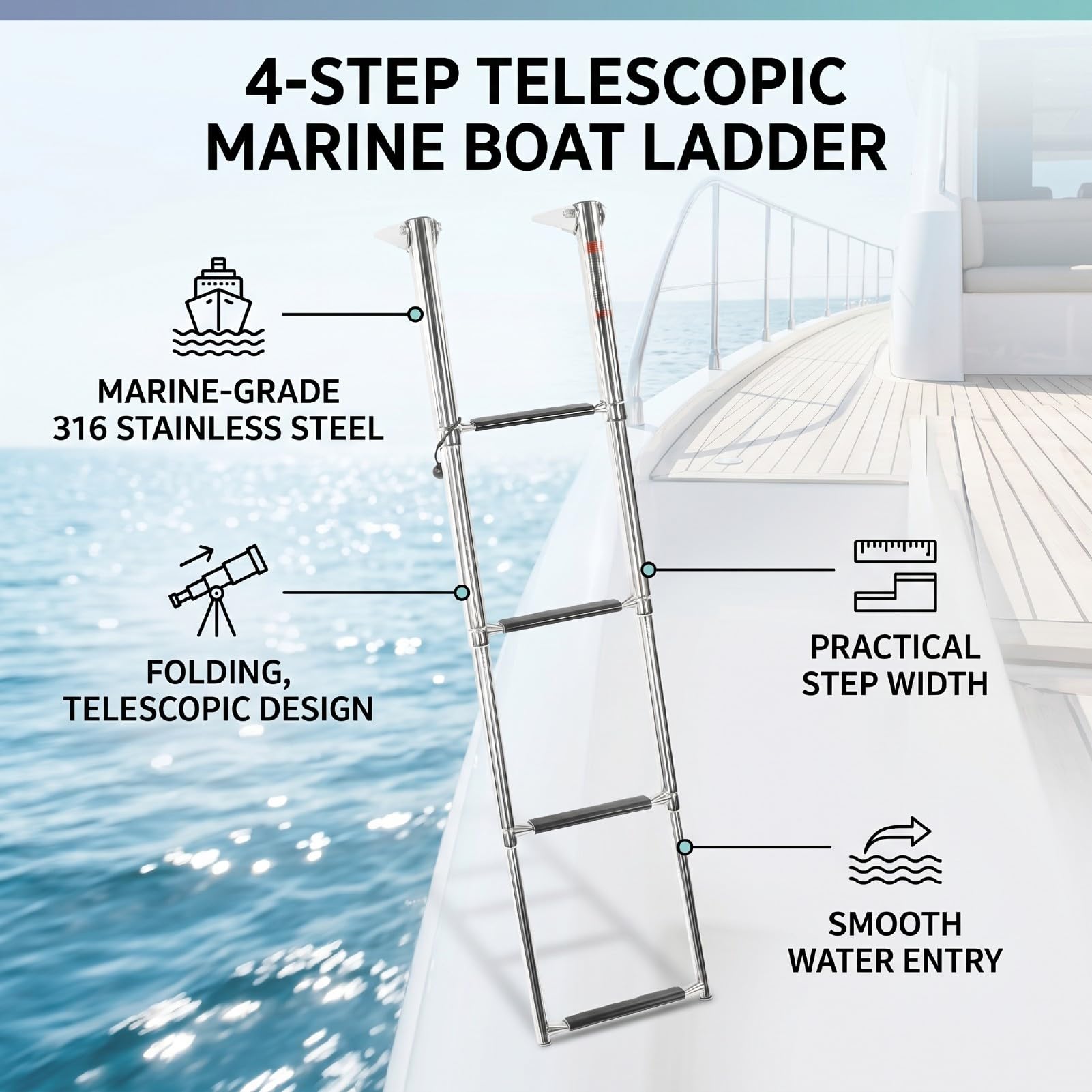 Scaletta per Barca Telescopica a 4 Gradini, Scaletta per Pontile Estensibile in Acciaio Inossidabile 316 con 45,6 Pollici per Yacht, Pontile Estensibile per Pontone, Telescopica