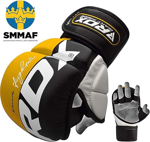 Miniatura 2 de RDX MMA Guantes mitones para artes marciales de piel, para saco de boxeo, enfrentamiento en jaula, combate, y entrenamiento., Amarillo, XL