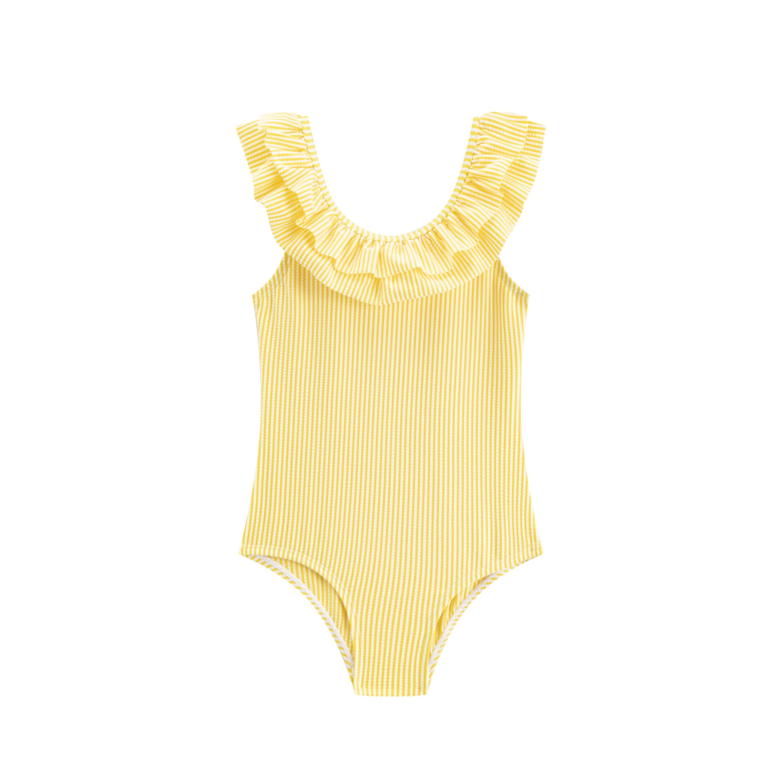 LIZENS Girls One Piece Swimwear Yellow Stripe Ruffle Striped Swimsuit for Kids 2-12(BDG15205,9-10T)