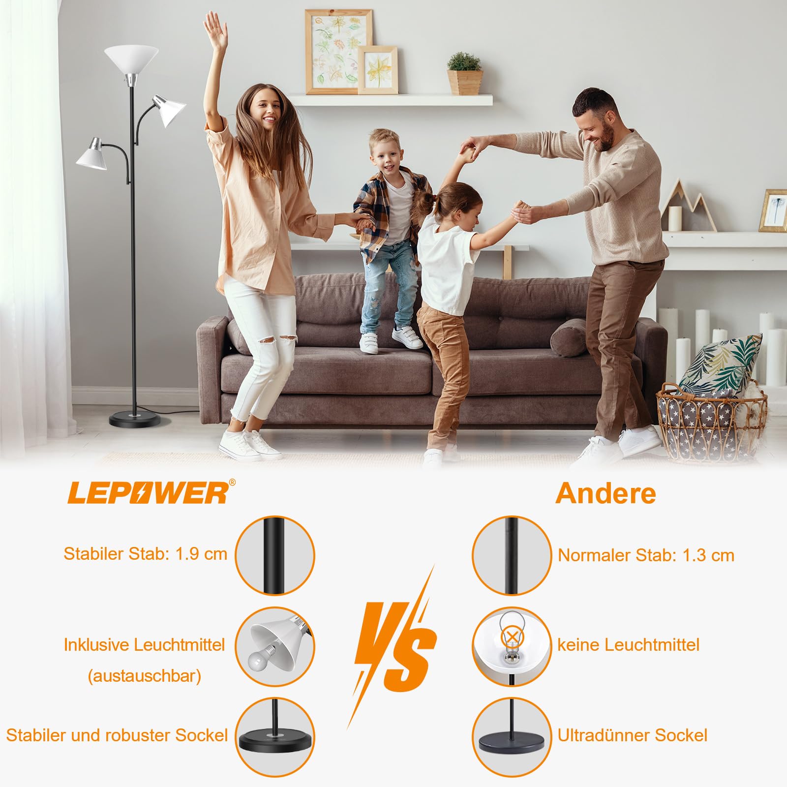 LEPOWER Stehlampe Dimmbar, 9W LED Stehlampe mit 5W Leseleuchte Einstellbar | Moderne, Helle Stehlampe mit Austauschbaren 3000K Energiespar LED, Stehlampe für Wohnzimmer, Schlafzimmer, Büro, Schwarz