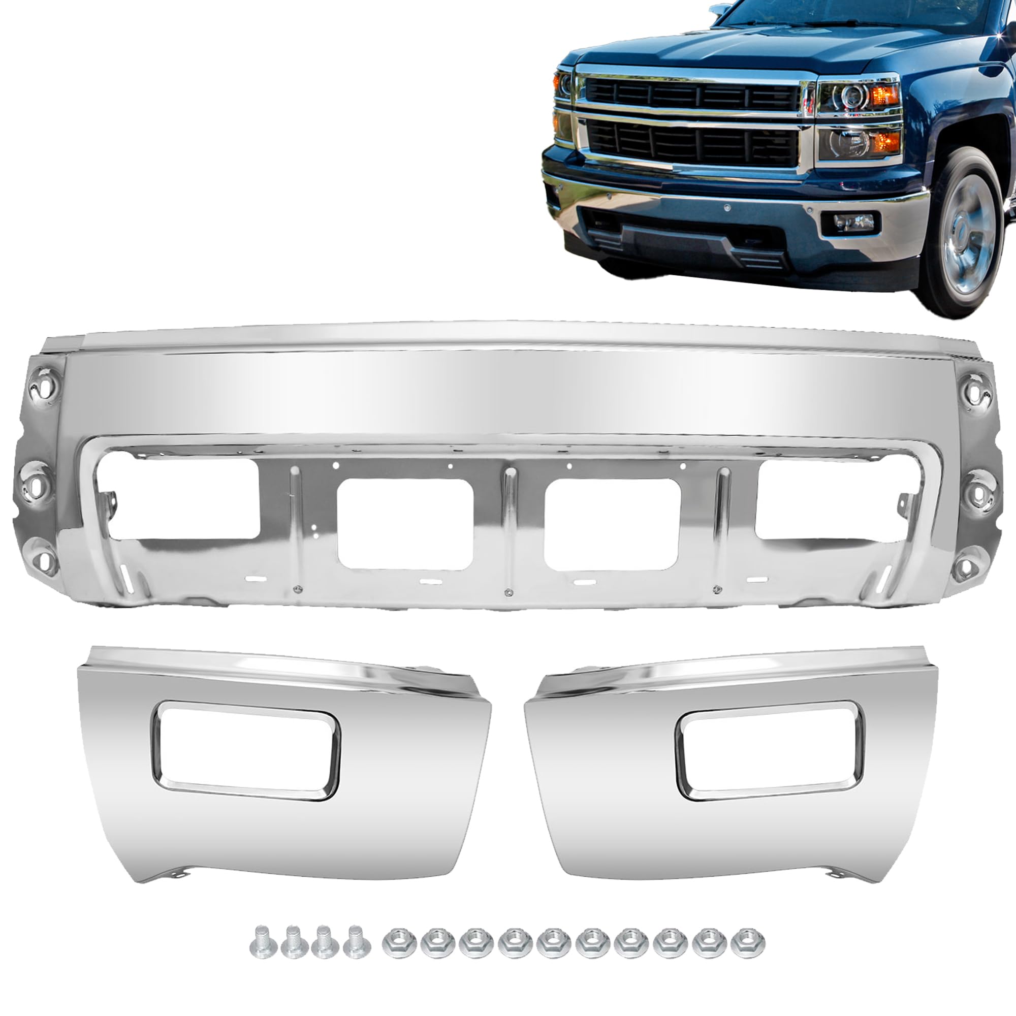 PENSUN Steel Front Bumper Cover Fit For Chevy Silverado 1500 2014-2015, 3 Pcs Chrome Bumper, with Fog Light Holes, OE Replacement:GM1002843