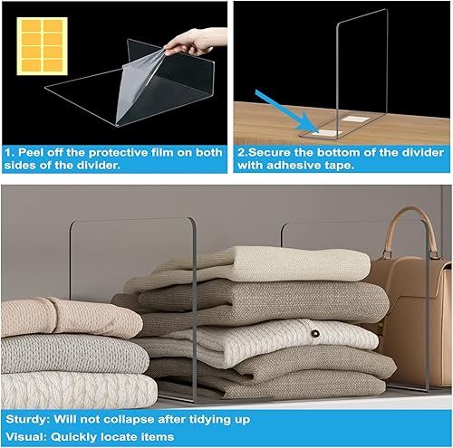 Vista 4 de OKPOW Organizador de armario divisores de estantes, 7.5 pulgadas de alto x 11.8 pulgadas de profundidad, acrílico transparente, resistente, separado