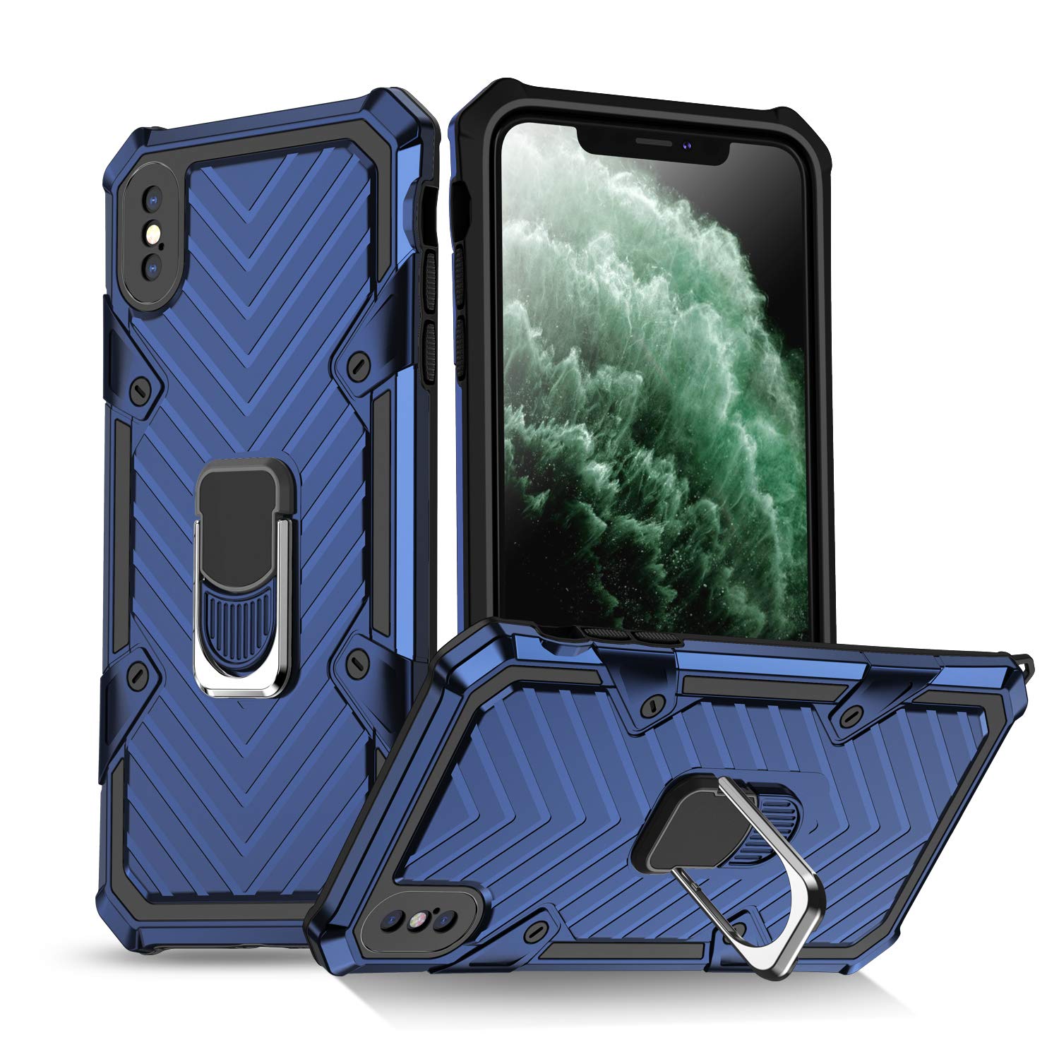 Phone Case for iPhone X/Xs Shockproof Cover with Ring Holder Armor Heavy Duty Design Durable Soft TPU Protective 360 Degrees Rotation Ring Grip,Blue