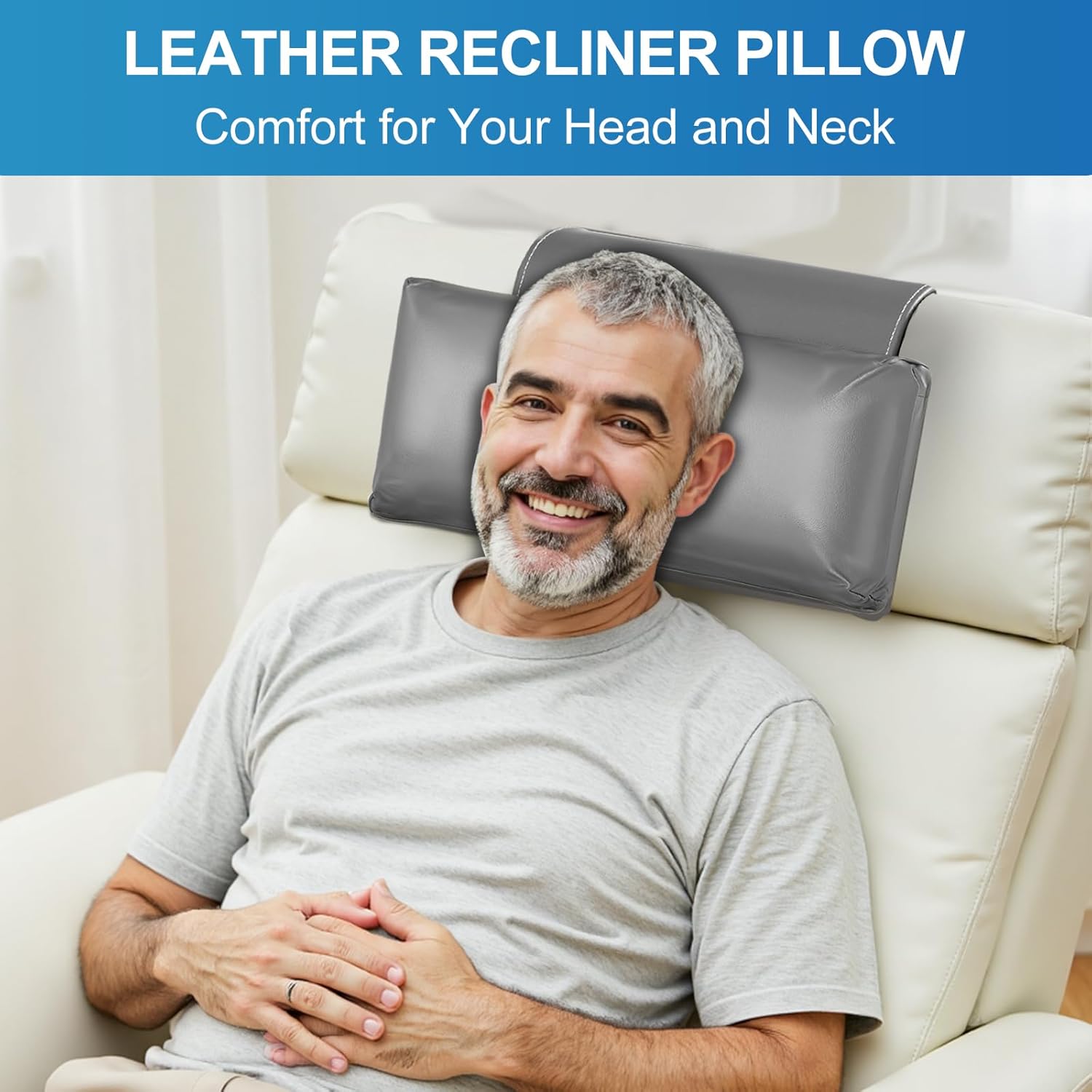 Leather Recliner Pillow, Adjustable Neck & Head Support Pillow, Pu Leather Non-Slip Headrest for Recliner Chair, Couch, Office Chair, Sofa - Image 2