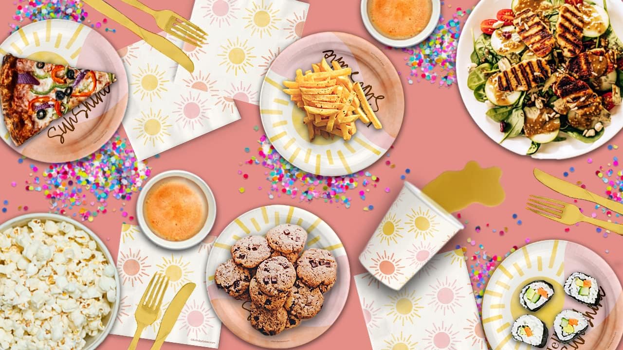 Little Ray of Sunshine and Hello Sunshine Party Supplies - Sets of Disposable Paper Plates, Dessert Plates, Napkins, Cups - Tableware for Birthdays, Baby Showers, Family Picnics and More (120 Pieces)