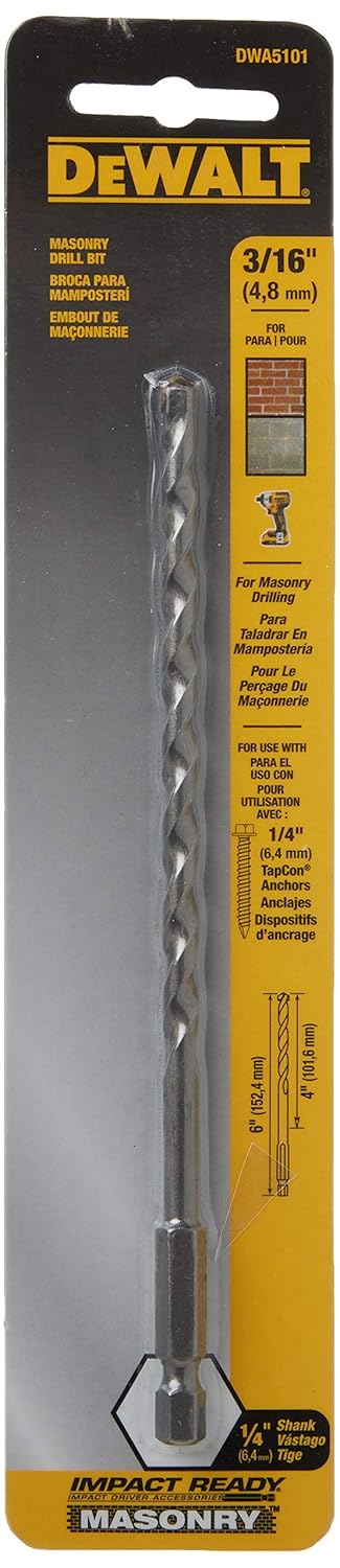 DEWALT Masonry Drill Bit, Impact Ready, 3/16-Inch X 4-Inch X 6-Inch (DWA5101)
