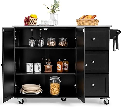 GORELAX Isla de cocina con ruedas con parte superior de acero inoxidable, carrito de cocina con cajones de almacenamiento y gabinete, isla de bloque