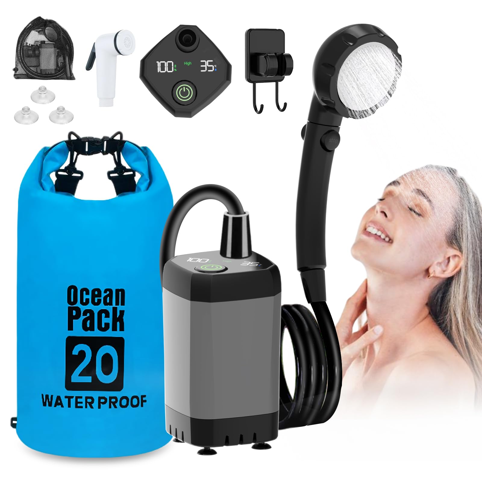 Tragbare Campingdusche, Camping Dusche Pumpe mit Wiederaufladbarem 6000mAh Akku und Temperaturanzeige,Multifunktionale Duschkopf und 2M Schlauch,20L Klappbarer Eimer, für Camping Reisen Wandern Garten