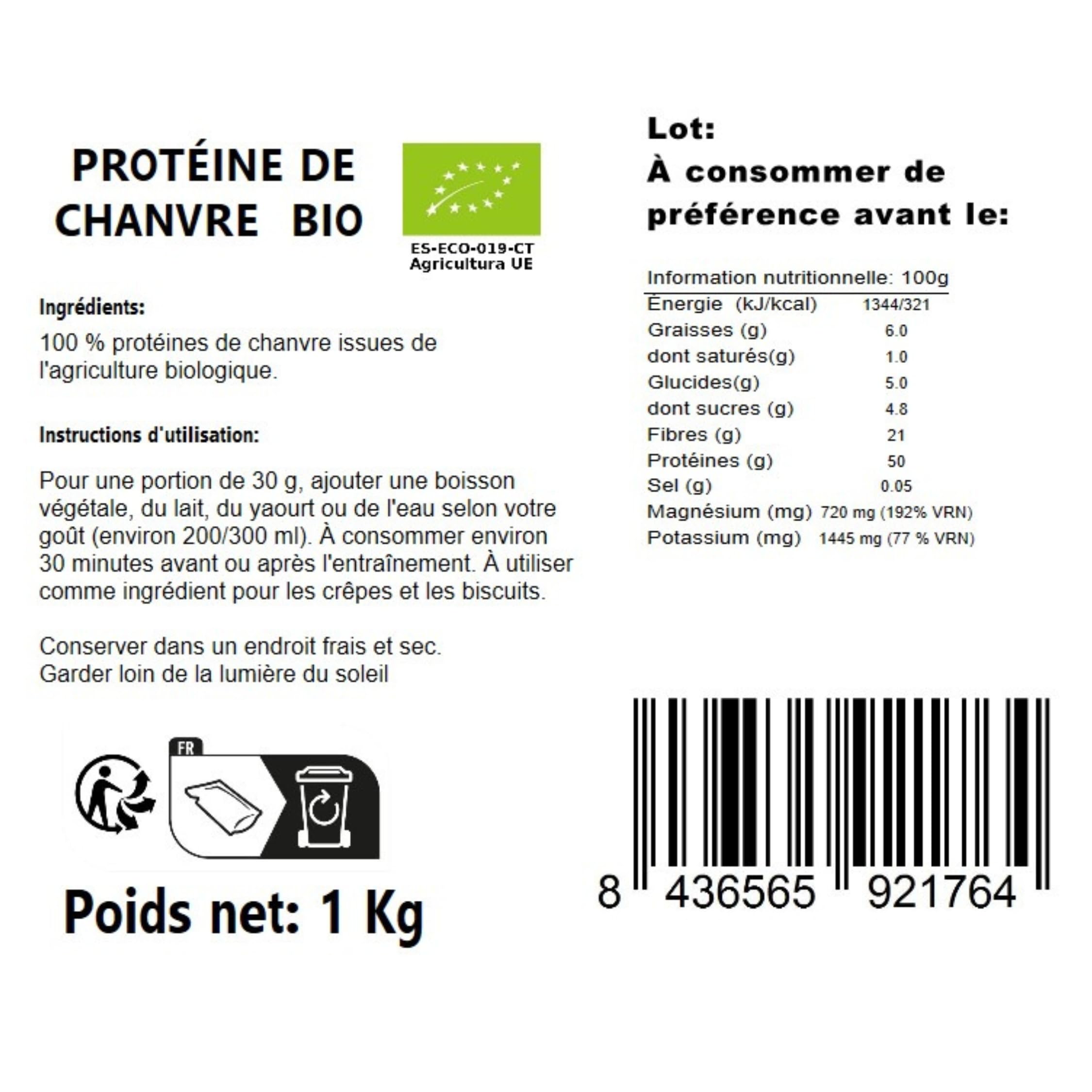 Energy Feelings Protéine Végétale Bio de Chanvre 50% Goût Neutre 1 kg, Poudre de Protéine Vegan pour Musculation, Sans Lactose, Sans Sucres Ajoutés, Vegan Protein Powder