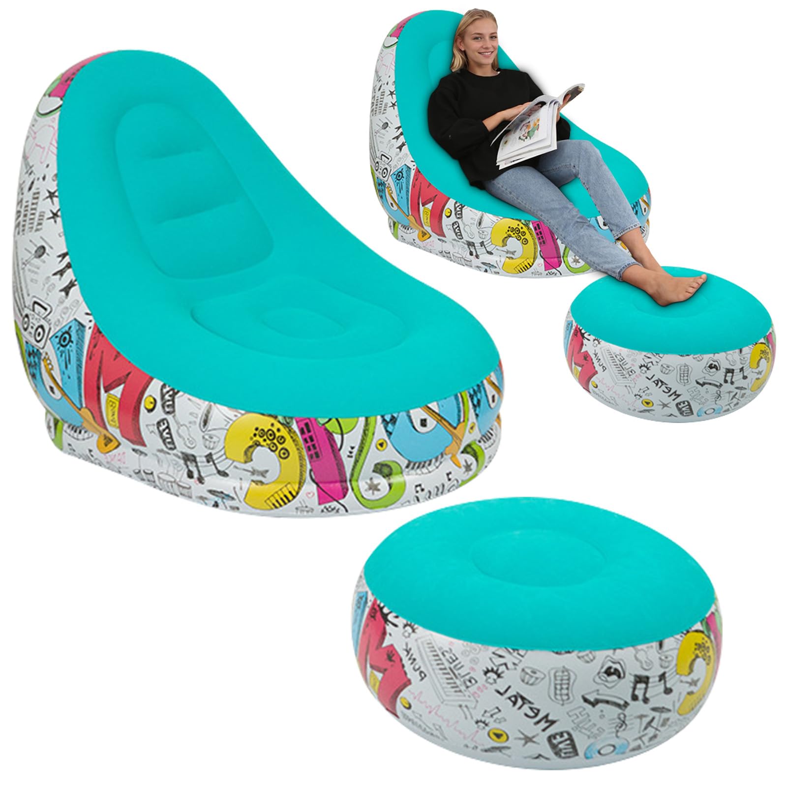Gohytal Aufblasbares Sofa, mit Hocker Wasserdichtes Luftsofa Outdoor Tragbares Aufblasbar Luft Sofa Couch Air Lounger mit Portable Paket für Camping Urlaub Schwimmbad Strandparties Hinterhof,Cyan
