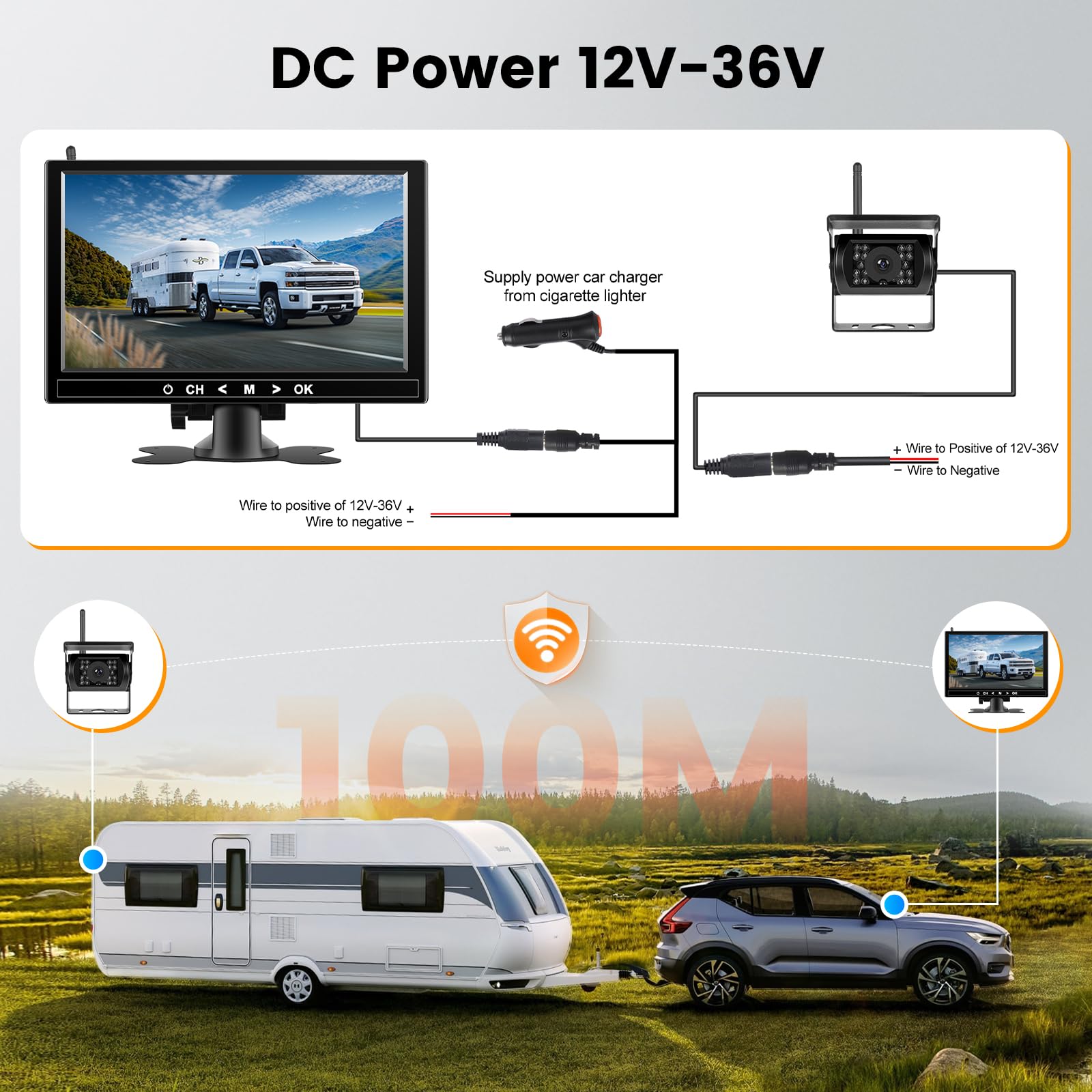 Hodozzy Cámara de Marcha Atrás Inalámbrica 4 Cámaras 9 Pulgadas Monitor Cámara Trasera Inalambrica, 18 IR Visión Nocturna Impermeable 12V-36V para Remolques, Autocaravanas, Camiones, Furgoneta