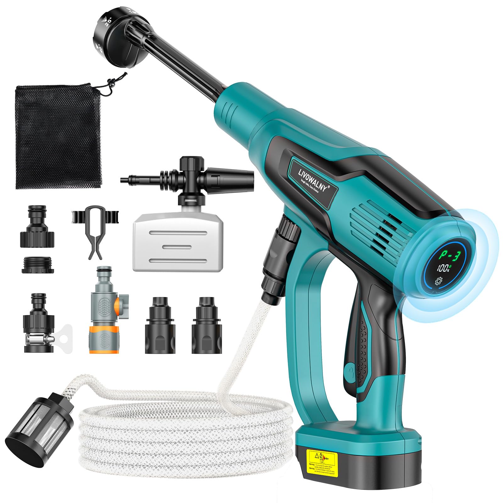 LIVOWALNY Hidrolimpiadora de Alta Presion Compatible con Makita 18V, Hidrolimpiadora Bateria 82 Bar, Sin Cepillos, 6L/Min, 3Niveles, Boquilla 6 en 1, para Automóvil, Jardín(Solo Herramientas)-Azul