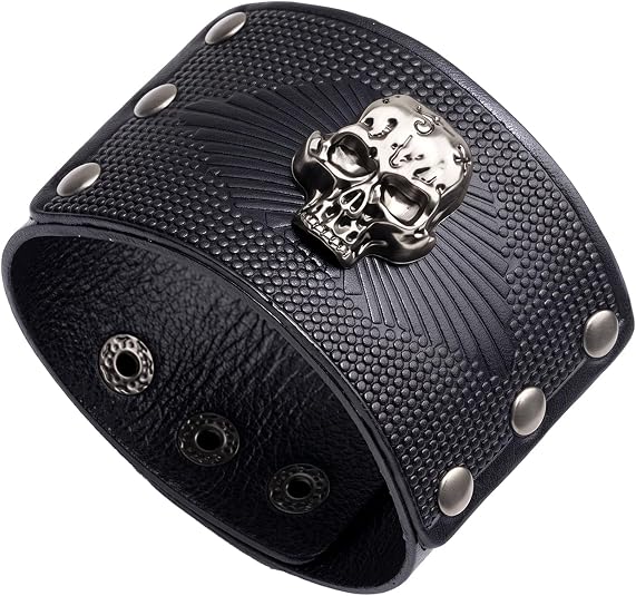 Xusamss Gothic Skull Wide Leather Cuff Bracelet for Men Women