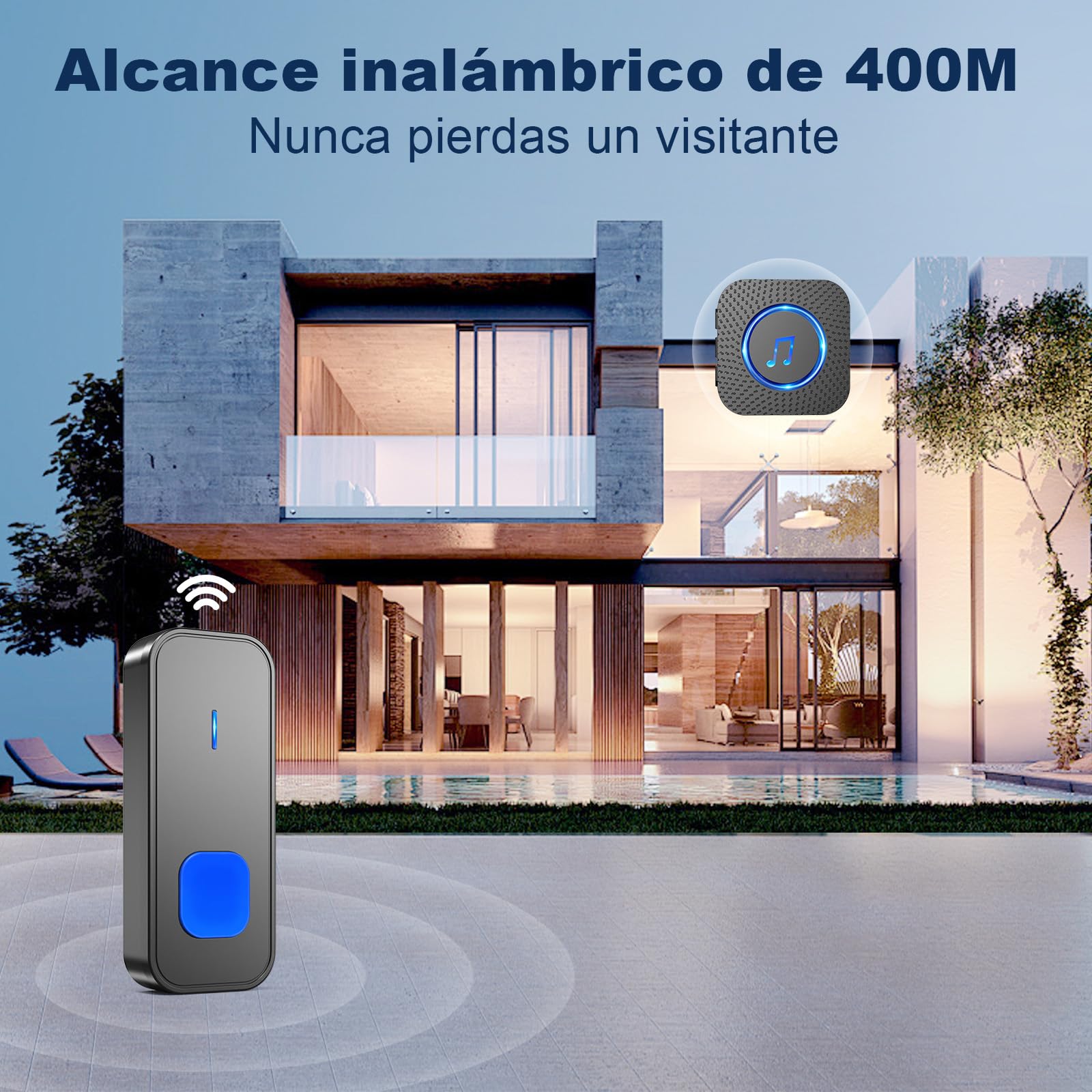SURFOU Timbre Inalámbrico Exterior Interior Impermeable, Campainha Sem Fios Exterior, Kit Wireless Doorbell Puerta para Casa 400M de Alcance con 55 Melodías, 5 Niveles de Volumen, Indicador LED, Negro — view 2