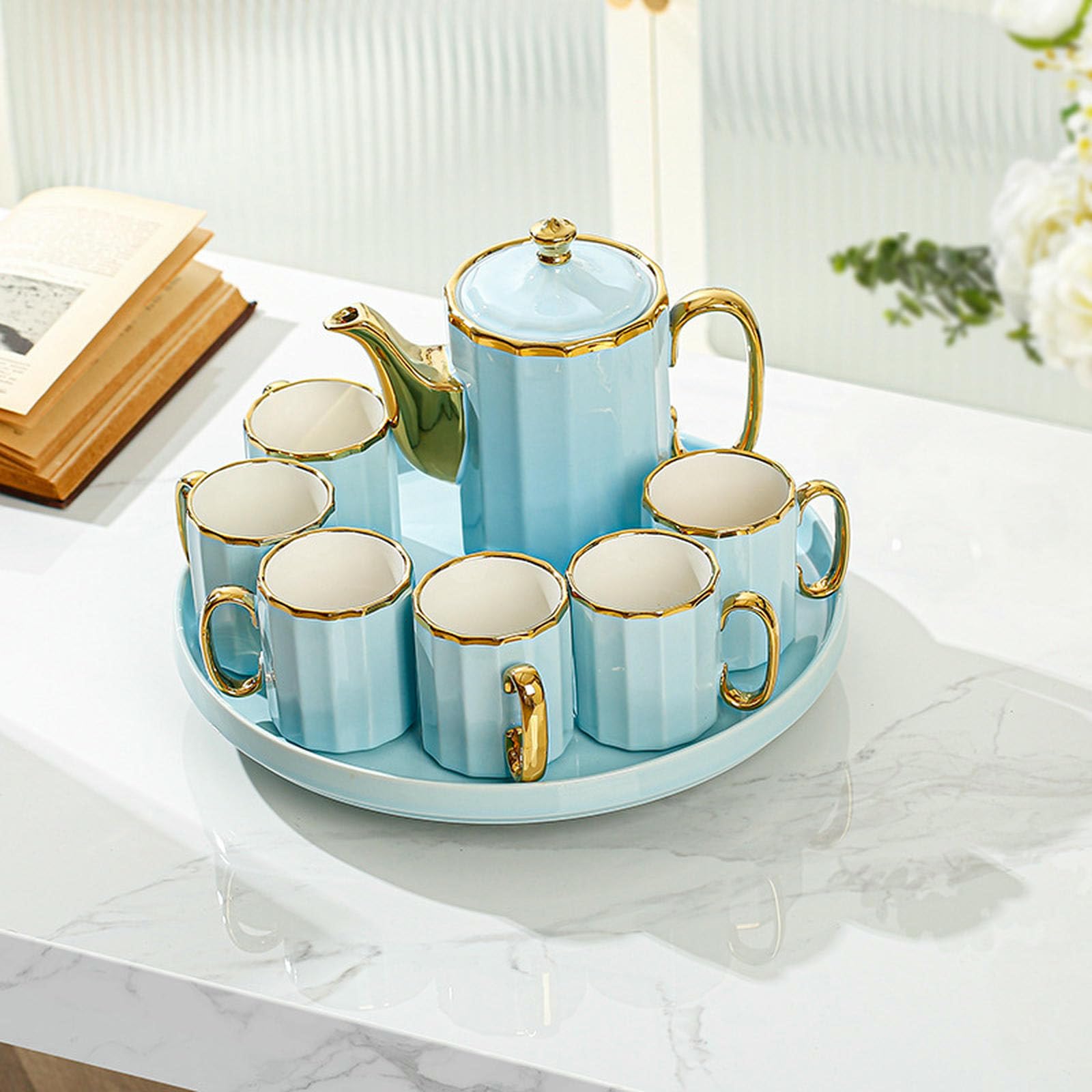 1100 ml/ceramiczne przybory wodne do domowego salonu filiżanki do popołudniowej herbaty - ciemnozielone paski 8-częściowy zestaw taca na liście