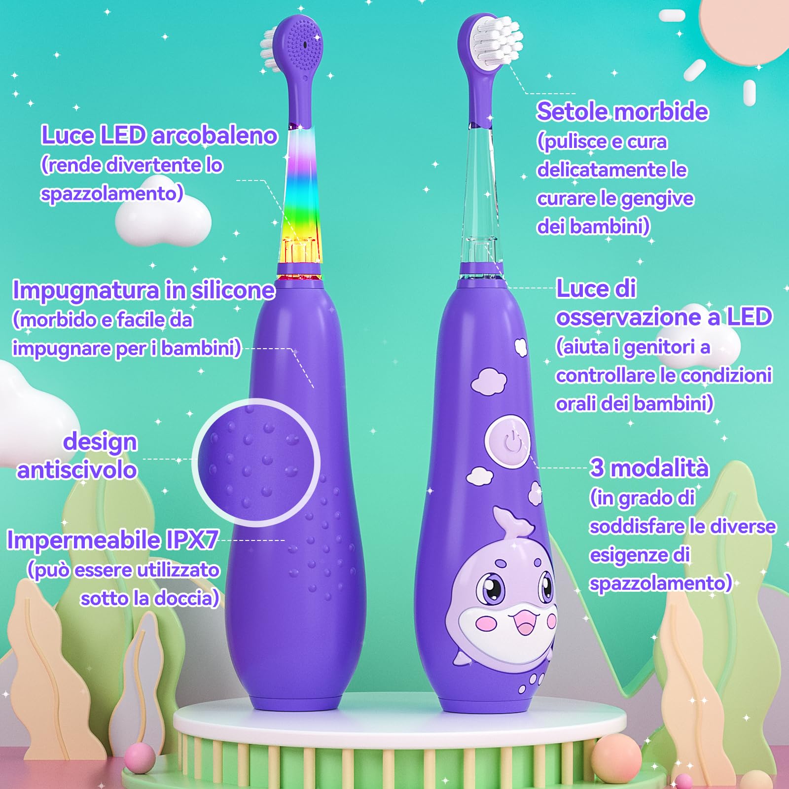 Spazzolino Elettrico Bambini Spazzolino Denti Elettrico Spazzolini Elettrici Spazzolino Bambini 0-6 Anni Spazzolino Da Viaggio Con 8 Testine Per, Luce LED, modello balena SG-2139,Viola