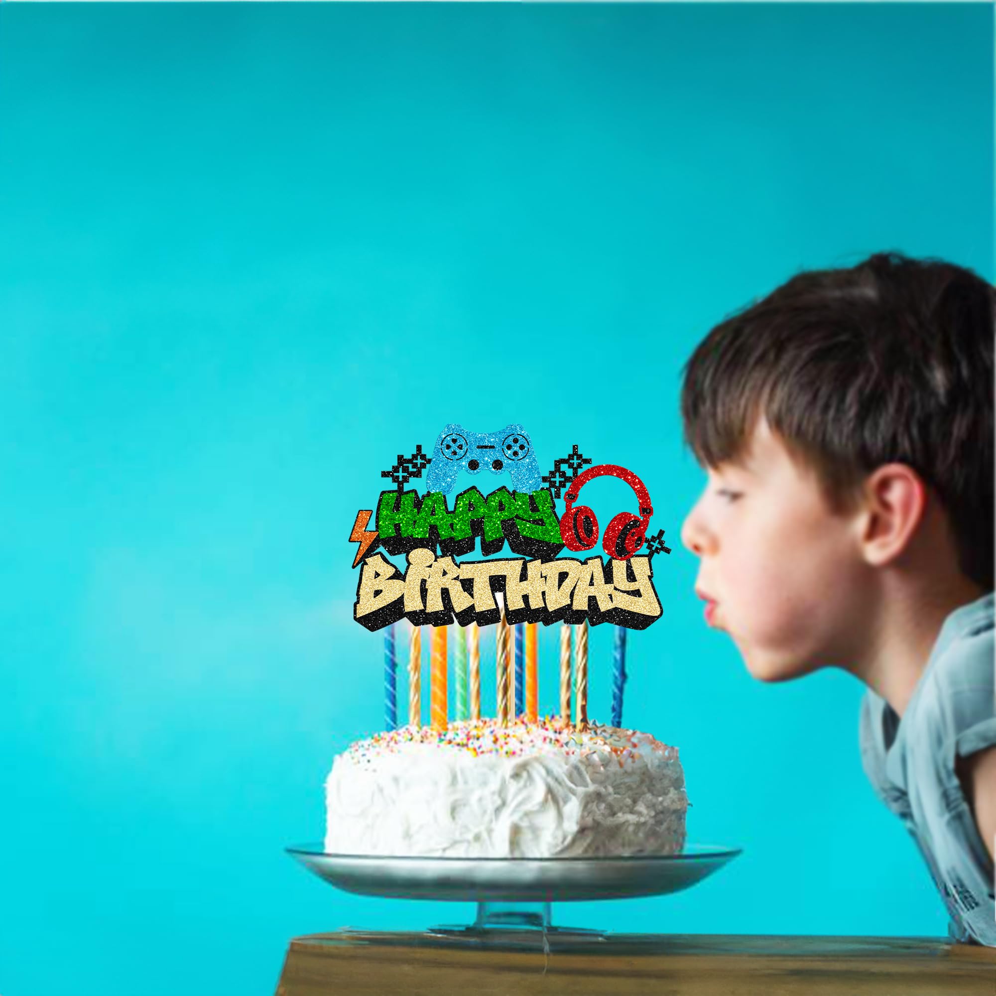 Gyufise 1Pcs Video Game Happy Birthday Cake Topper Glitter Video Game Cake Pick Game On Controllers GamePad Cake Decoration for Game Theme Baby Shower Kids Boys Girls Birthday Party Supplies 3