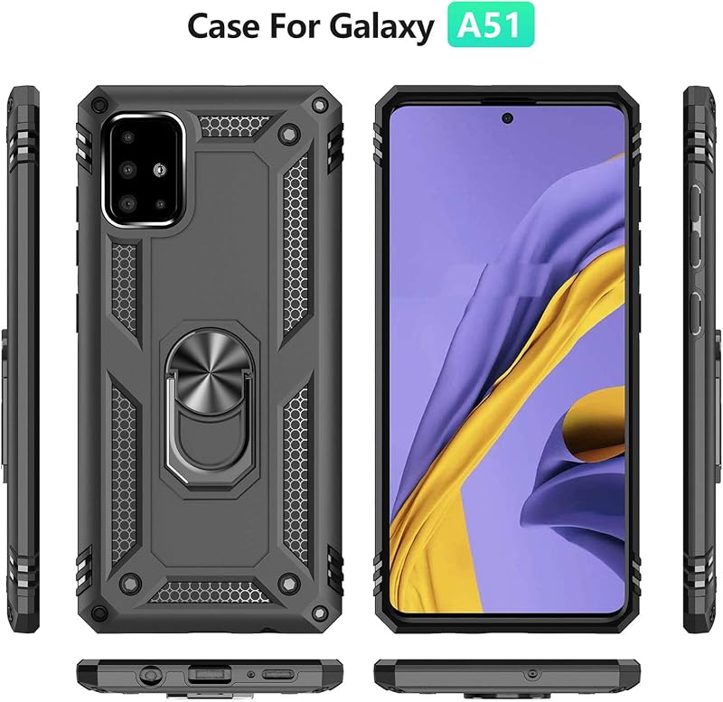 Fetrim Samsung Galaxy A51 4G Tok - Dupla Rétegű Ütésálló Védőtok Forgatható Gyűrűs Állvánnyal, Fekete