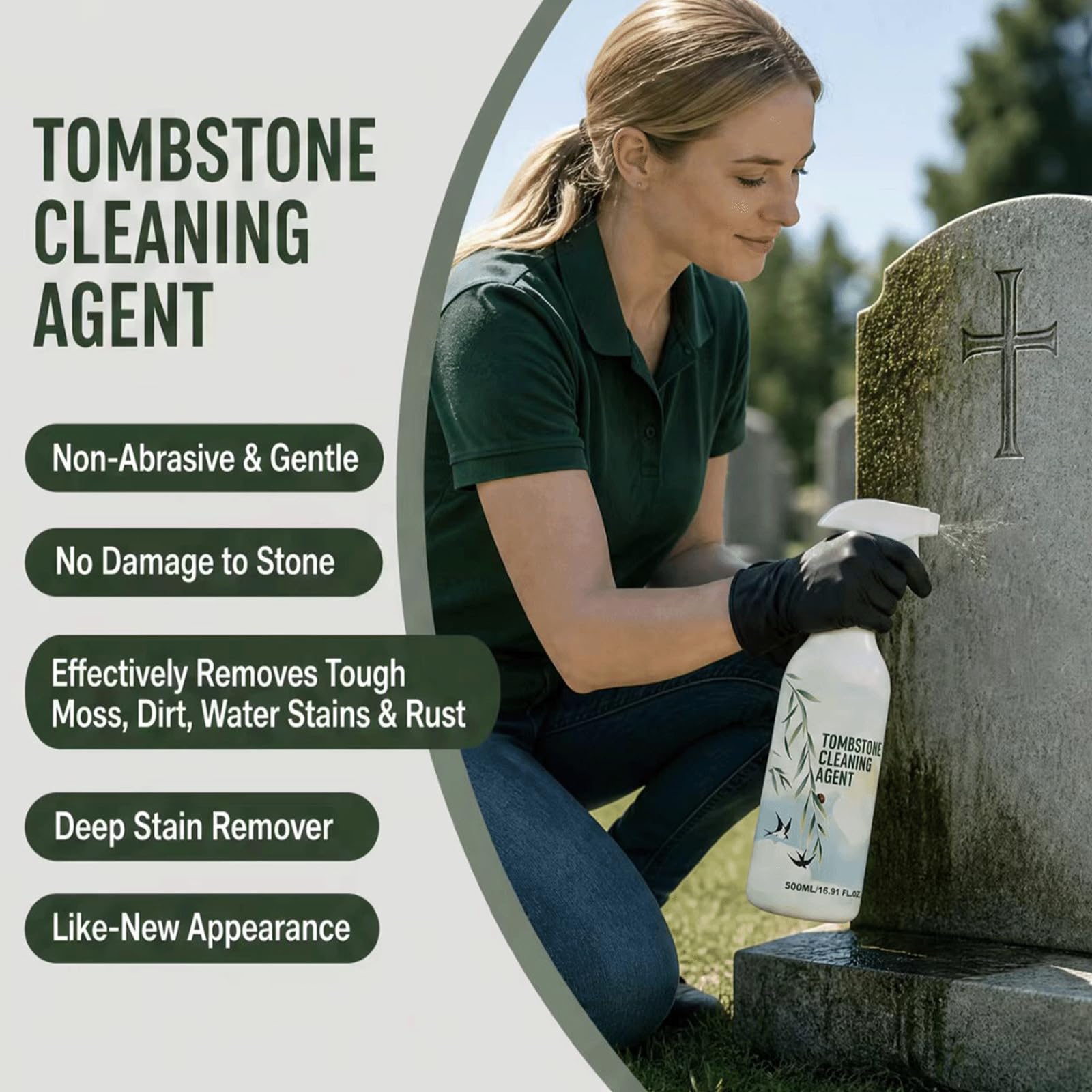 Spray de limpieza seguro y no abrasivo para lápidas y monumentos, elimina el musgo duro, la suciedad y las manchas de agua al instante, sin daños, restaura el brillo y forma una película protectora