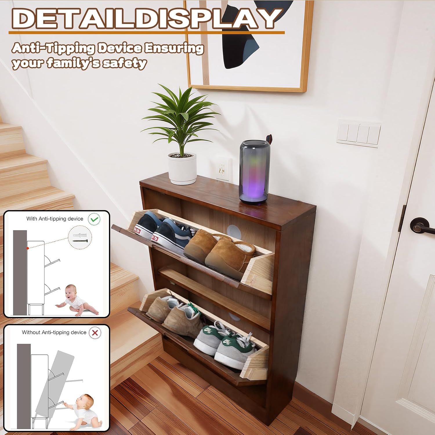 Solid Shoe Storage Cabinet with 2 Flip Drawers, Narrow Wood Shoe Organizer Cabinet with Fluted Panel, Slim Shoe Rack for Entryway, Freestanding Shoe Cabinet for Entryway Hallway Foyer，Walnut