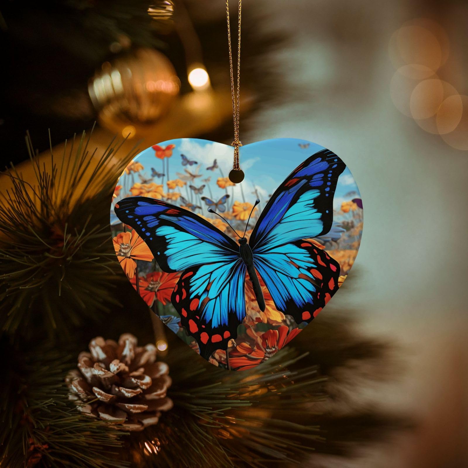 Christmas Tree Ornaments Ceramics Christmas Decorations Big Butterfly Ornaments with Gold Ribbon Porcelain Xmas Tree Crafts Heart Shape Hanging Pendant for Christmas Tree Party Decor