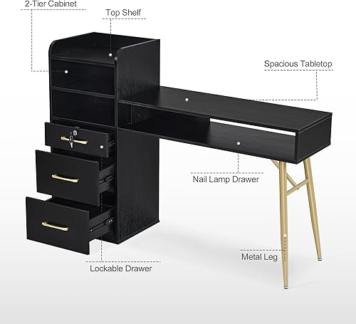 Miniatura 8 de BarberPub Mesa de manicura con 3 cajones y 4 estantes, escritorio de uñas con asas y patas doradas, mesa de uñas para tecnología de uñas, equipo de