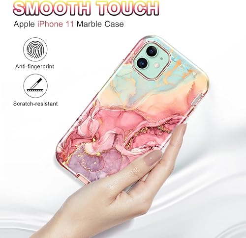 Miniatura 8 de CASEFIV Funda compatible con iPhone 11, patrón de mármol 3 en 1, resistente a prueba de golpes y caídas, cuerpo completo, policarbonato duro y