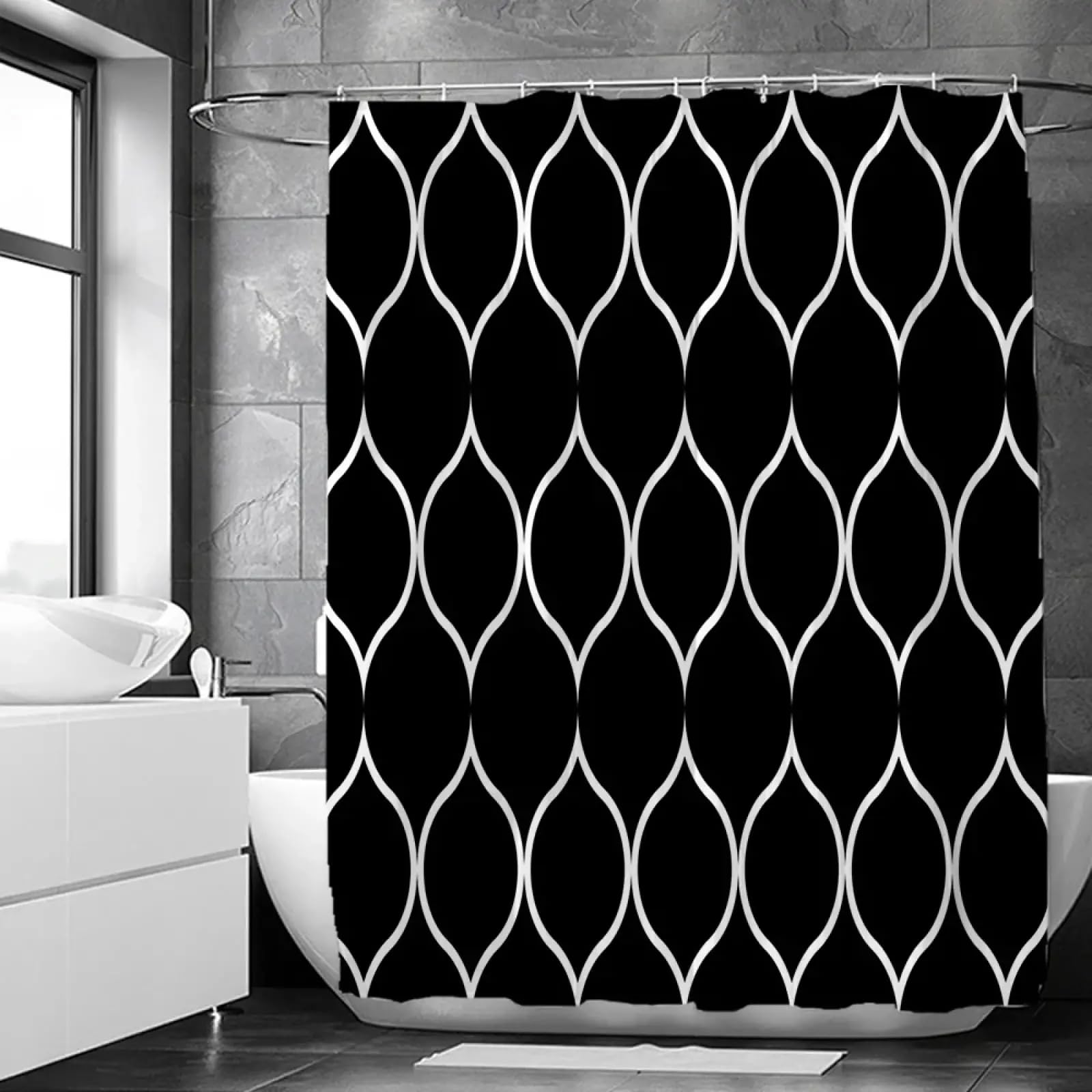 Rideau de douche imperméable en tissu géométrique noir et blanc 214x183cm