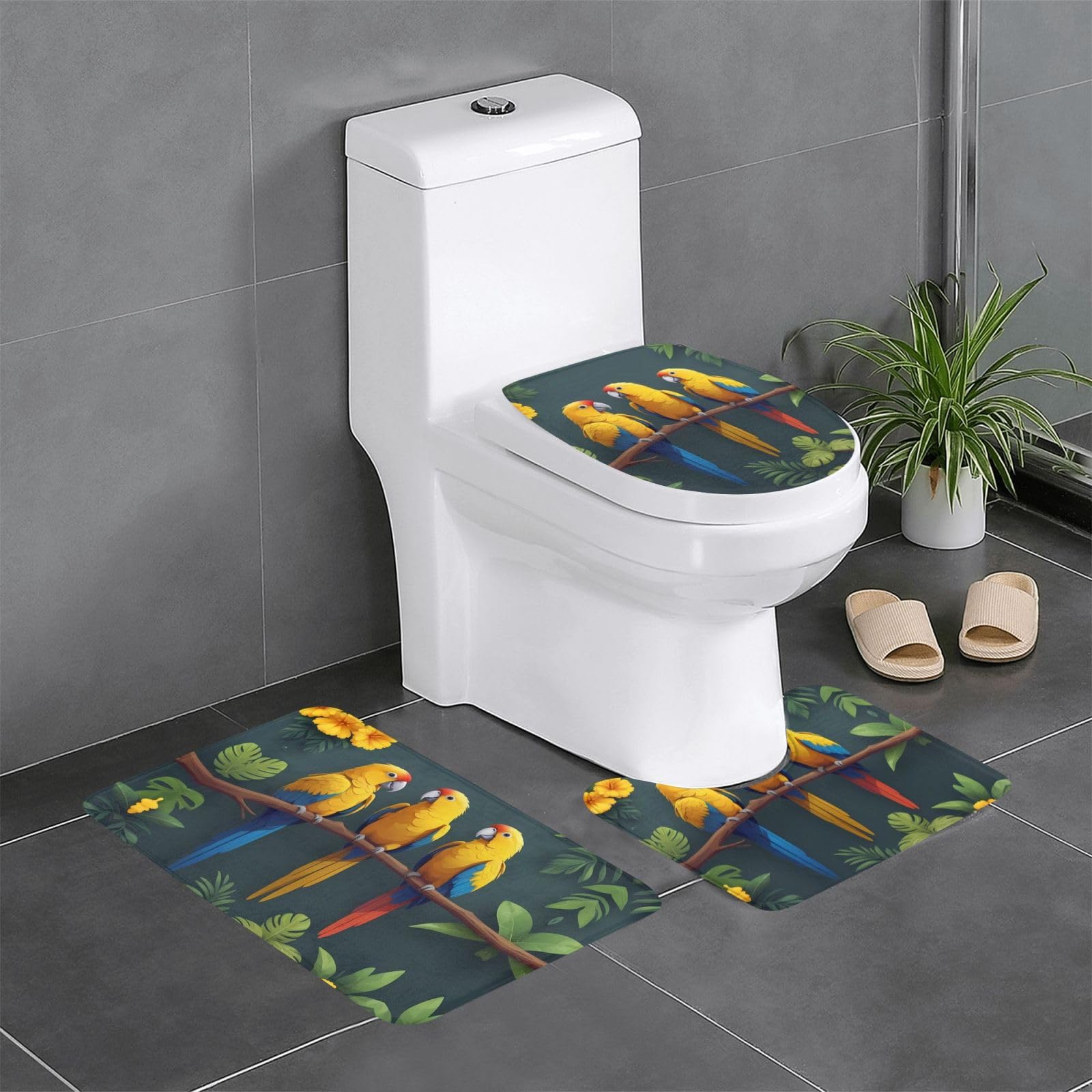 Lot de 3 tapis de salle de bain imprimés perroquet jaune