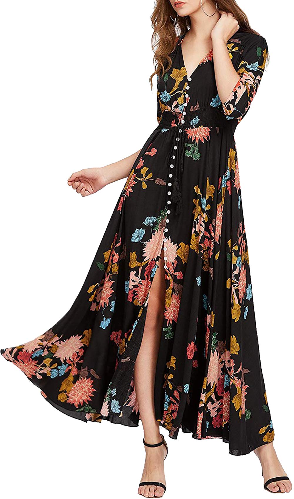 Women's Button Up Split Floral Print Flowy Party Maxi Dress Black XXL