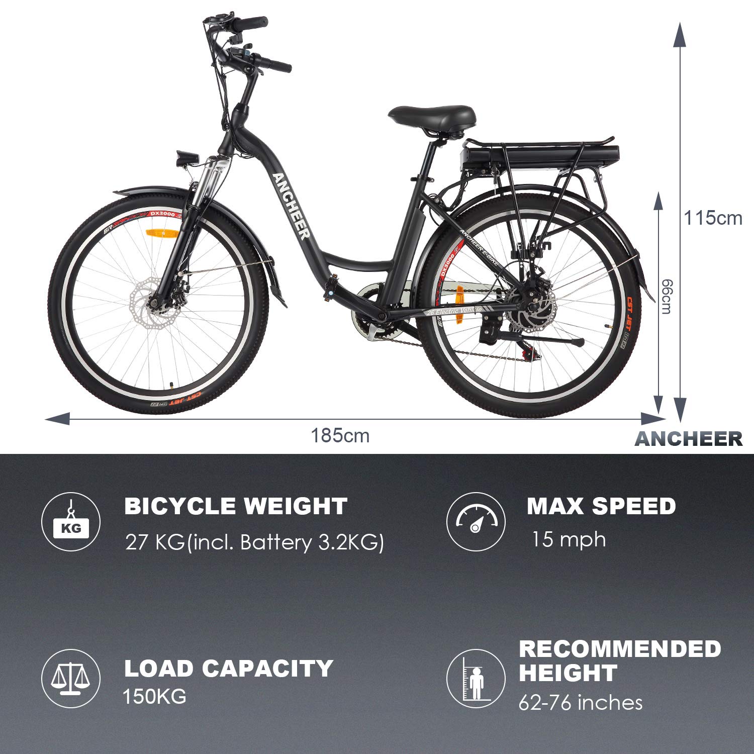 ANCHEER 26" Electric Bike for Adults, City Ebike Cruiser with