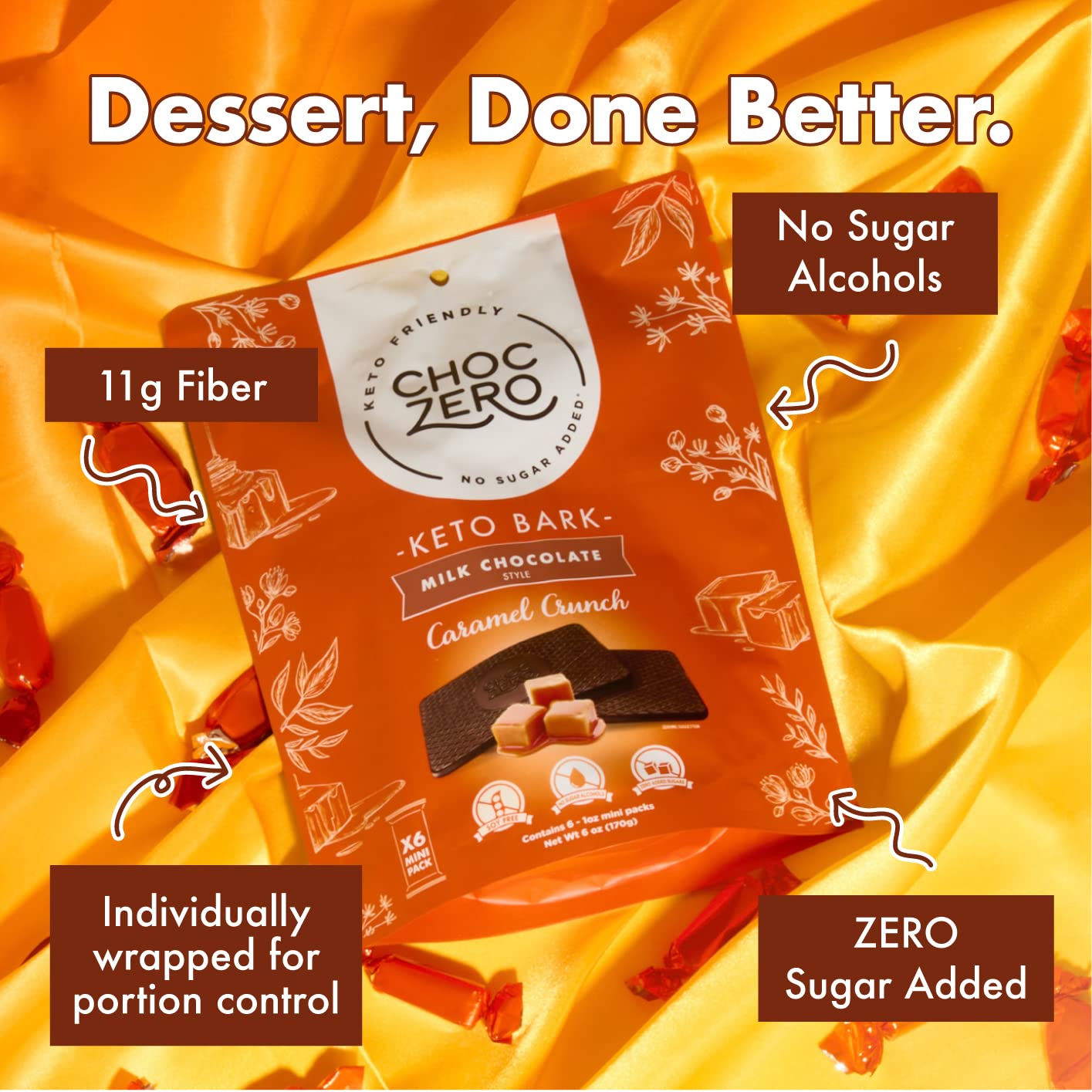 Caramel Crunch Keto Snack by ChocZero - Healthy Snacks - Gluten Free Milk Chocolate with Hard Caramel (4 bags, 24oz total), 6 Ounce (Pack of 4)