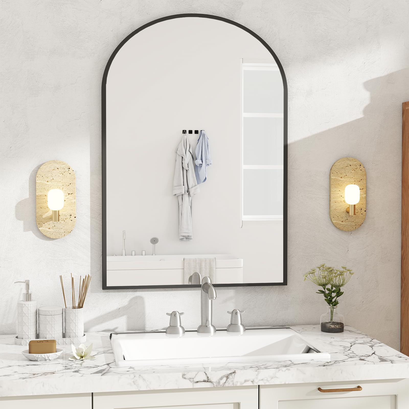 DUMOS Black Metal Arch Vanity Rounded Rectangle Bathroom Mirrors for Over Sink Wall, 27x38 Inch Large Matte Mirror, Modern Decorative for Restroom, Farmhouse