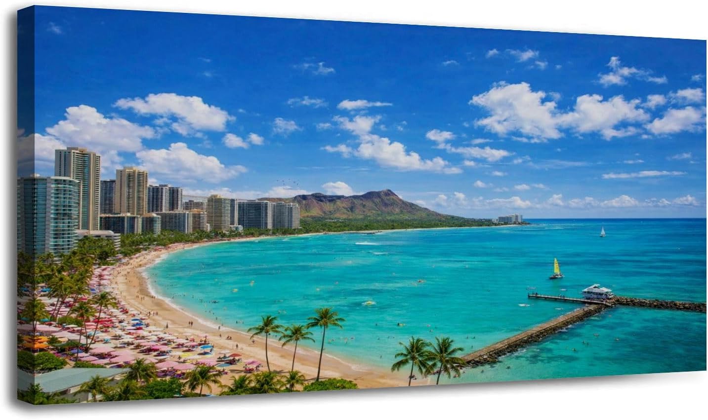 30"x 60" Canvas Wall Art coastal waikiki beach diamond head oahus Hawaii Ocean Island Palm Tree Framed Pictures Painting Prints Large Wall Art for Living Room Bedroom Abstract Home Wall Decor Artwork